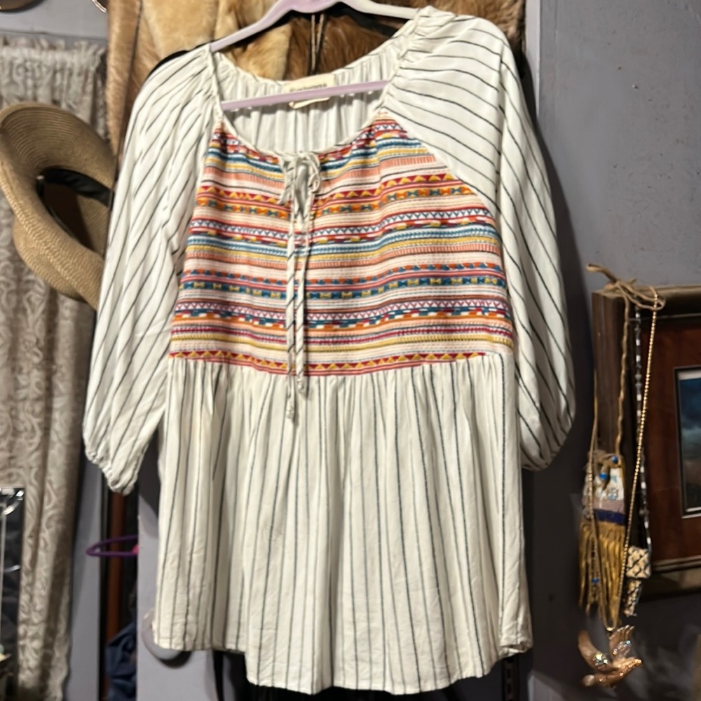 Savanna Jane 1X white with black stripes embroidered long sleeve top